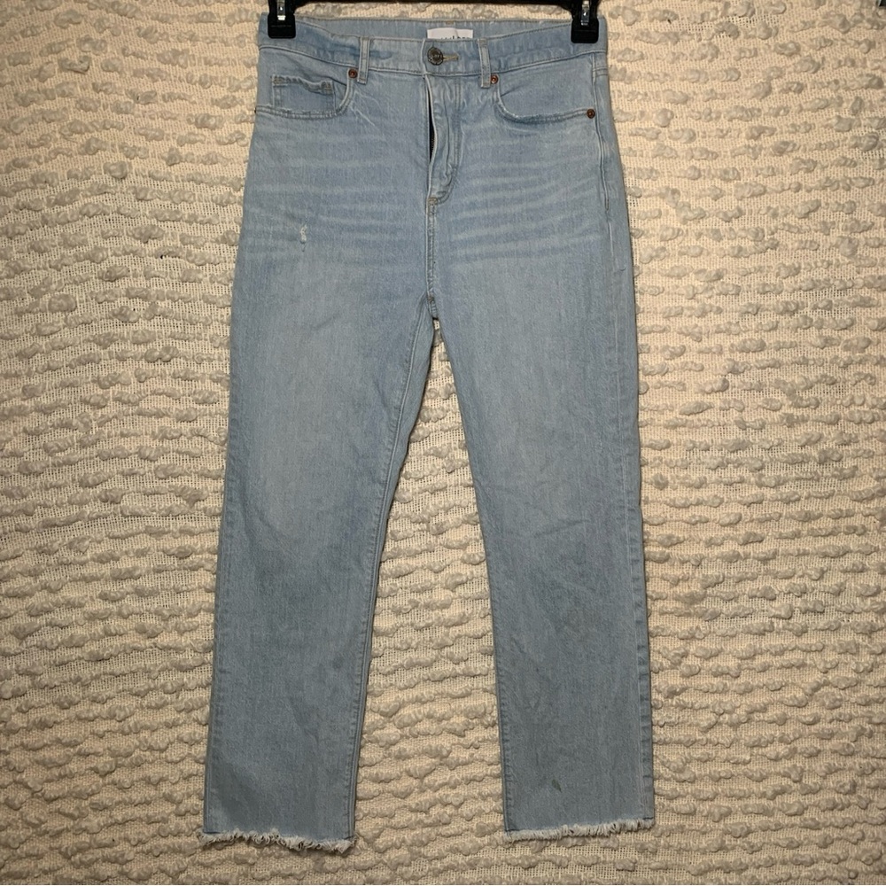 LOFT WOMENS SIZE 0 BLUE JEANSHIGH WAIST STRAIGHT CROP DISTRESSED FRAYED HEM FEST